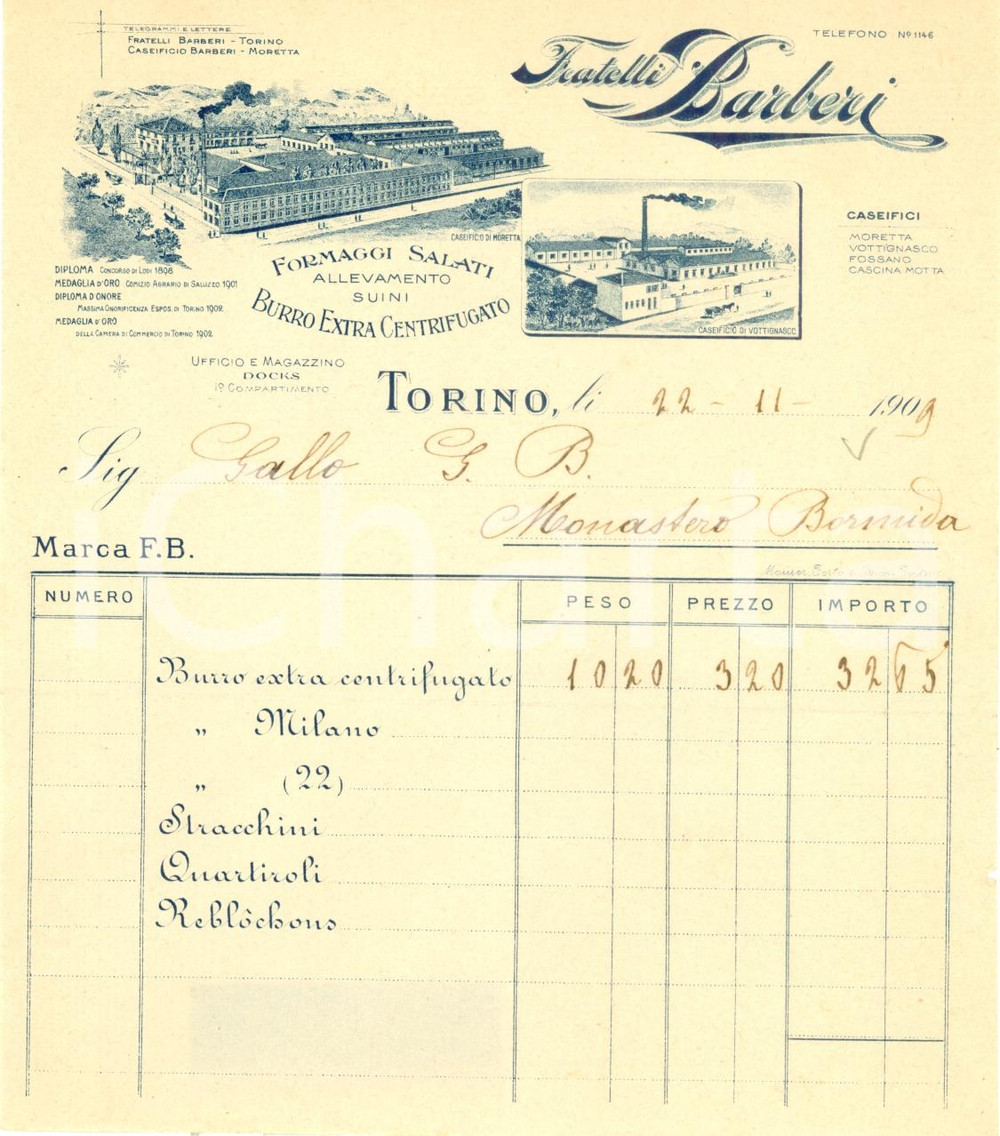 Documento originale, autentico 1909 MORETTA Caseificio Fratelli BARBERI formaggi salati Fattura ILLUSTRATA 3 1