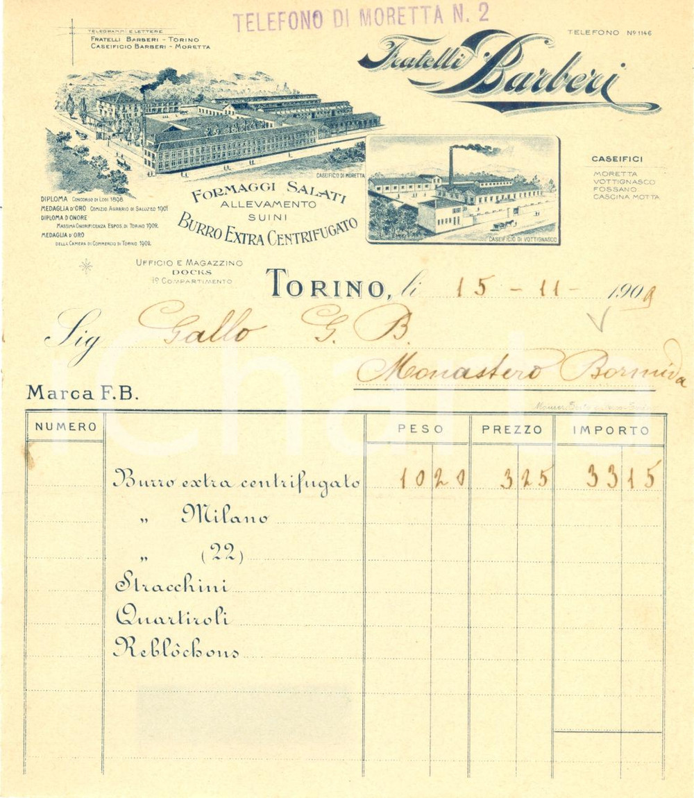 Documento originale, autentico 1909 MORETTA Caseificio Fratelli BARBERI formaggi salati Fattura ILLUSTRATA 4 1