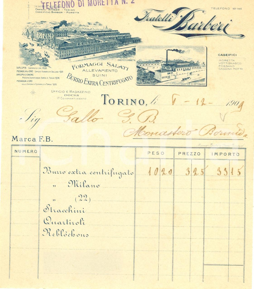 Documento originale, autentico 1909 MORETTA Caseificio Fratelli BARBERI formaggi salati Fattura ILLUSTRATA 1 1