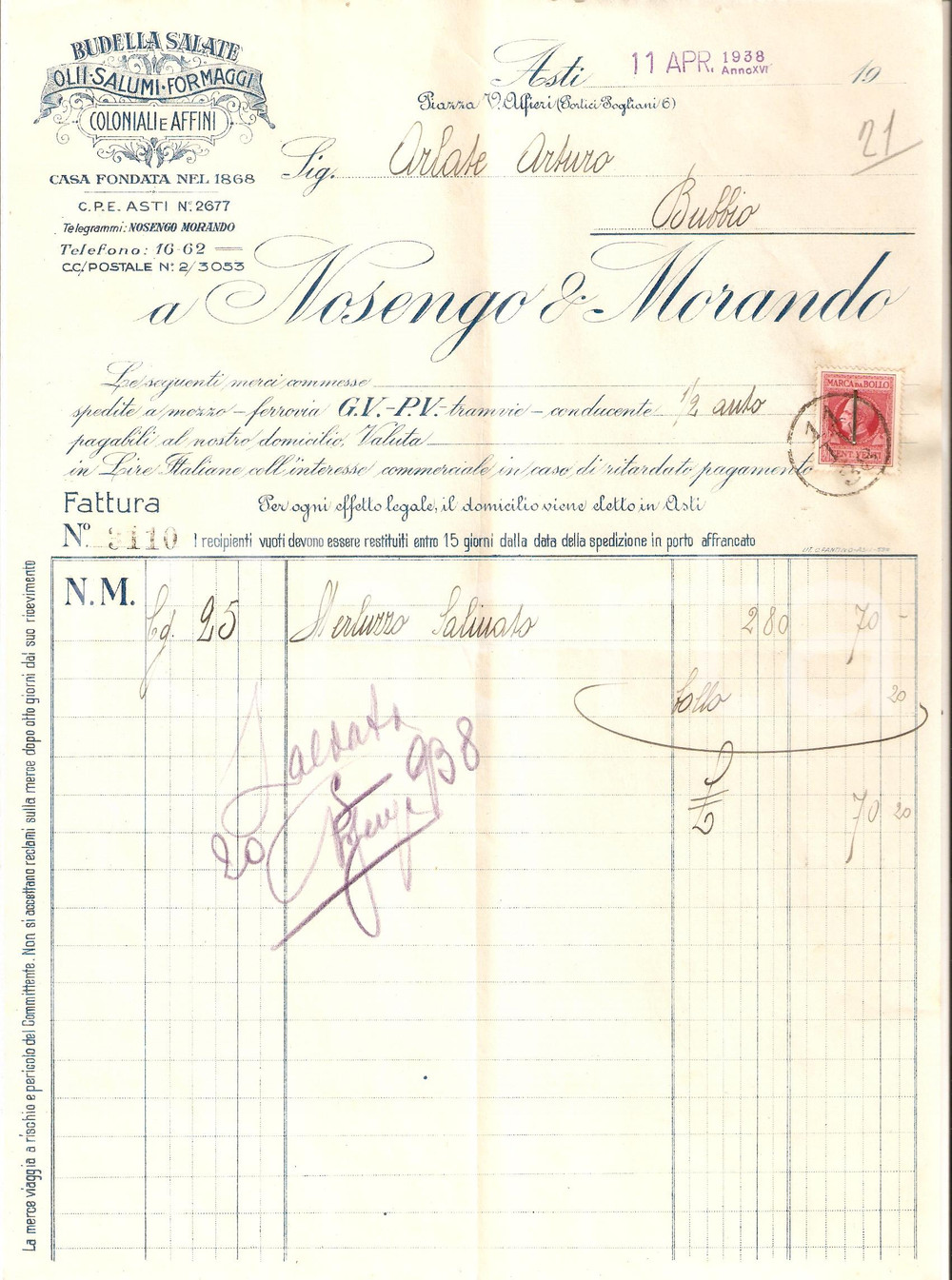 Documento originale, autentico 1938 ASTI Ditta NOSENGA E MORANDO Budella salate Coloniali e affini Fattura 2 1