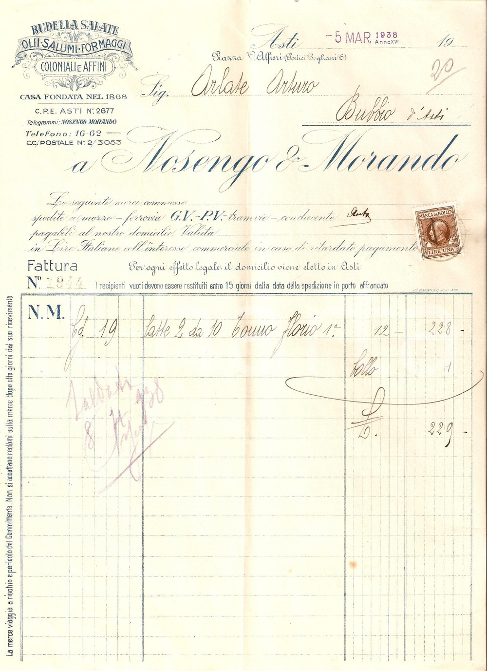Documento originale, autentico 1938 ASTI Ditta NOSENGA E MORANDO Budella salate Coloniali e affini *Fattura 3 1