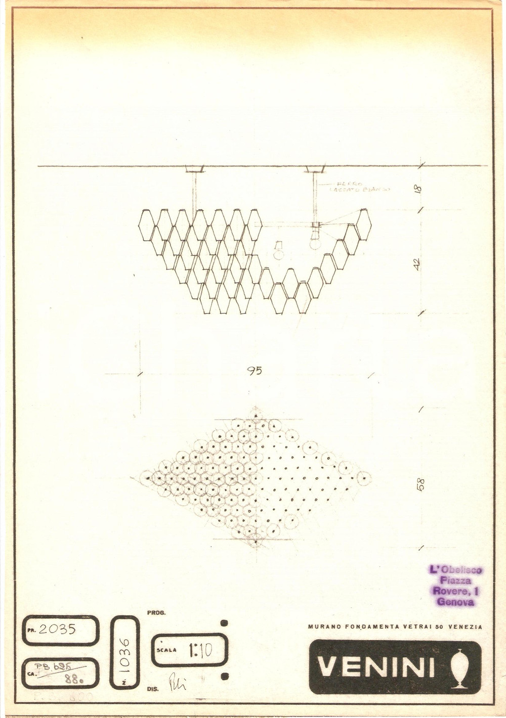 Materiale pubblicitario d’epoca 1960 ca MURANO VENEZIA vetrai VENINI Disegno lampadario Eliografia 1