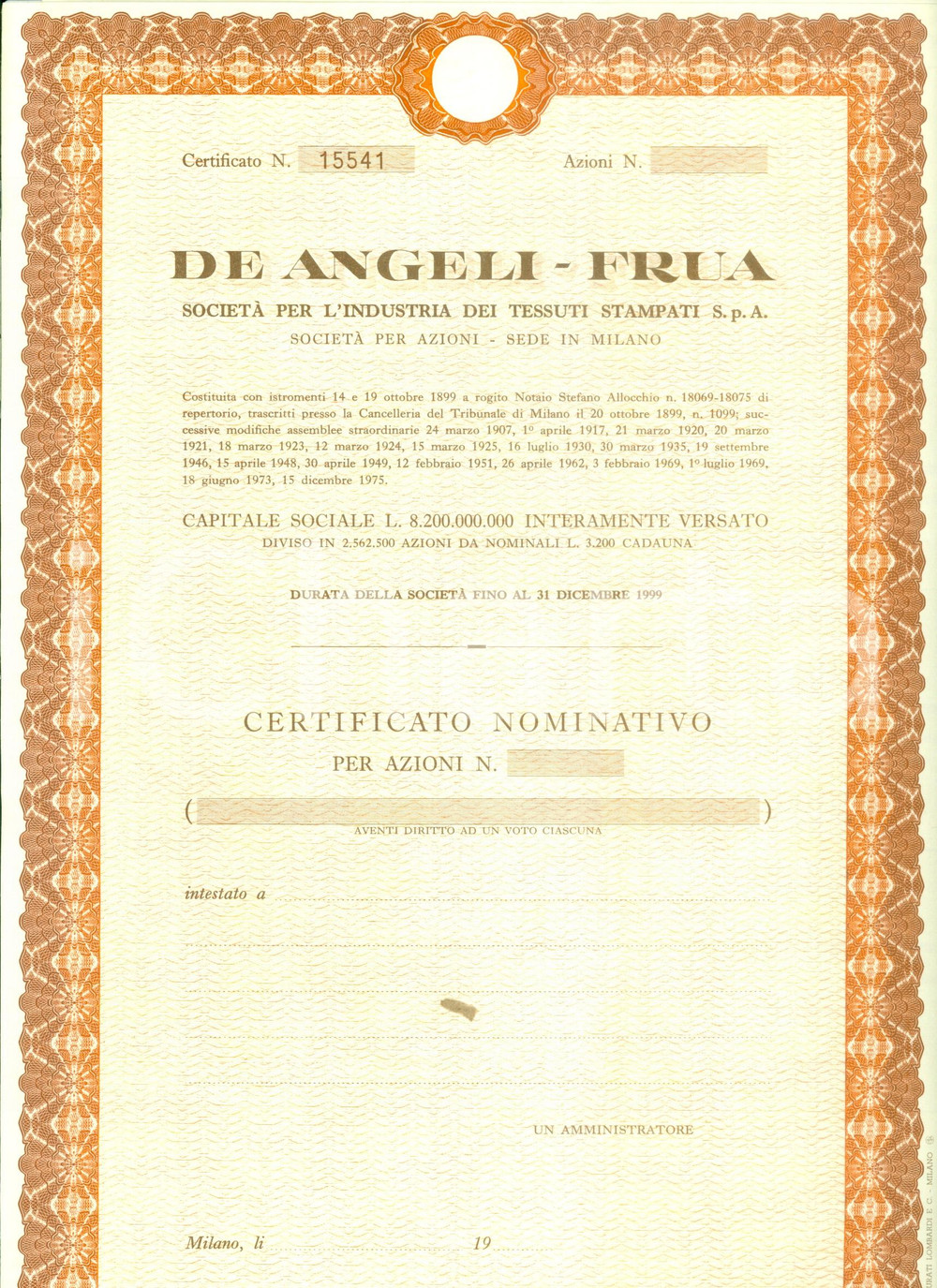 Oggetto da collezione cartaceo 1975 ca MILANO Tessuti stampati DE ANGELIFRUA certificato azionario 29 CEDOLE 2 1