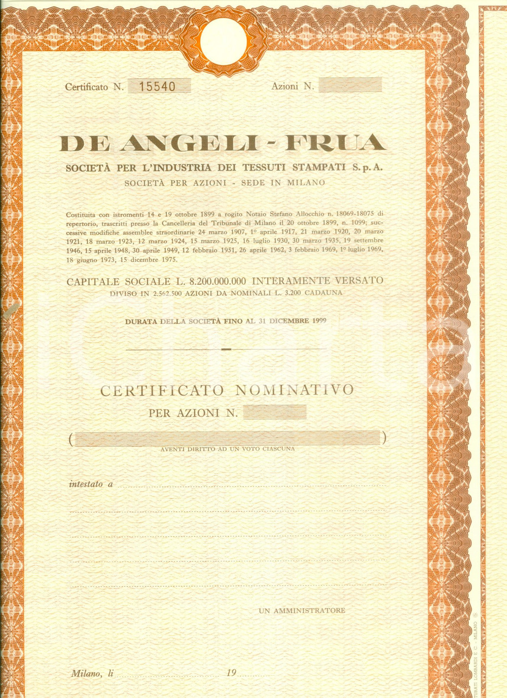 Oggetto da collezione cartaceo 1975 ca MILANO Tessuti stampati DE ANGELI-FRUA certificato azionario 29 CEDOLE 3 1