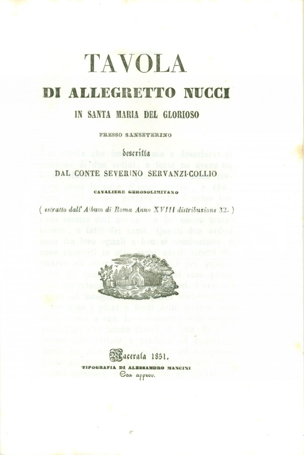 Libro, pubblicazione d epoca 1851 Severino SERVANZI COLLIO Tavola Allegretto NUCCI Santa Maria del Glorioso 4 1
