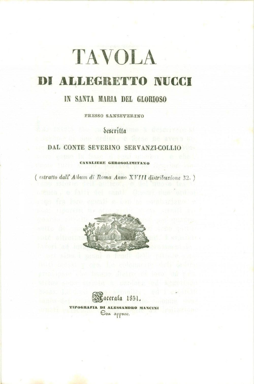 Libro, pubblicazione d'epoca 1851 Severino SERVANZI COLLIO Tavola Allegretto NUCCI Santa Maria del Glorioso 7 1