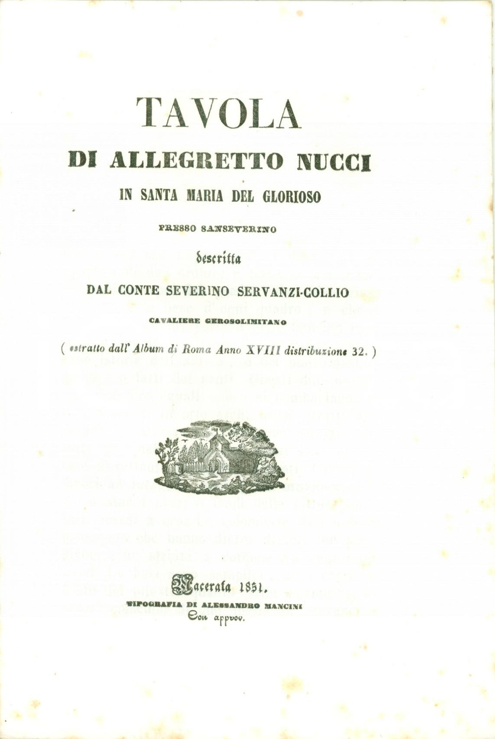 Libro, pubblicazione d'epoca 1851 Severino SERVANZI COLLIO Tavola Allegretto NUCCI Santa Maria del Glorioso 8 1