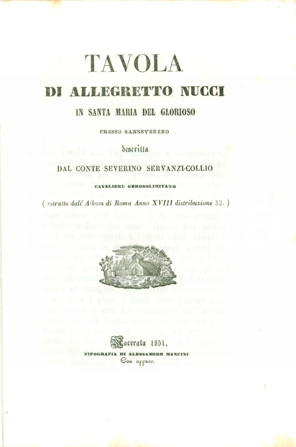 Libro, pubblicazione d epoca 1851 Severino SERVANZI COLLIO Tavola Allegretto NUCCI Santa Maria del Glorioso 1 1