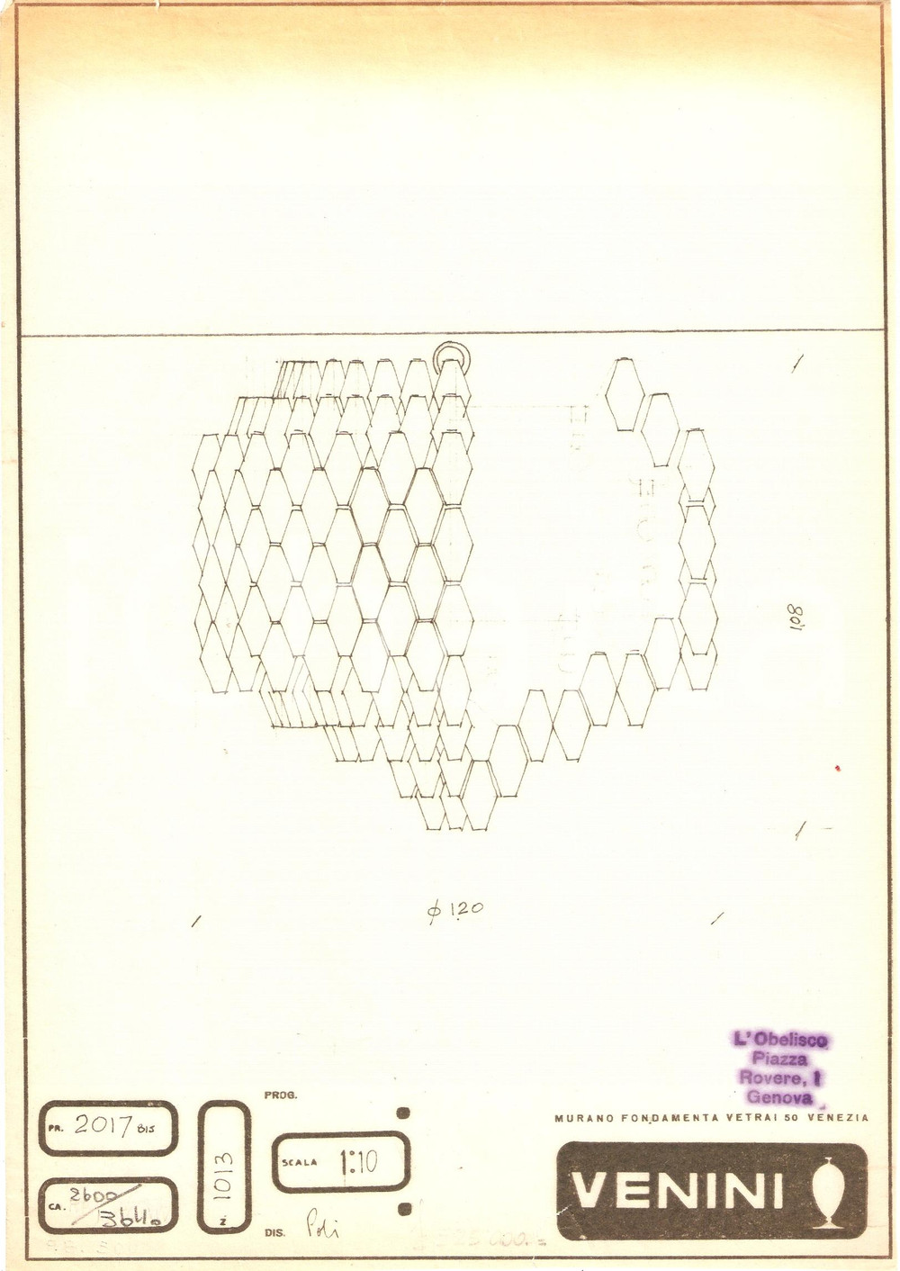 Materiale pubblicitario d’epoca 1960 ca MURANO VENEZIA vetrai VENINI disegno lampadario Copia eliografica 1