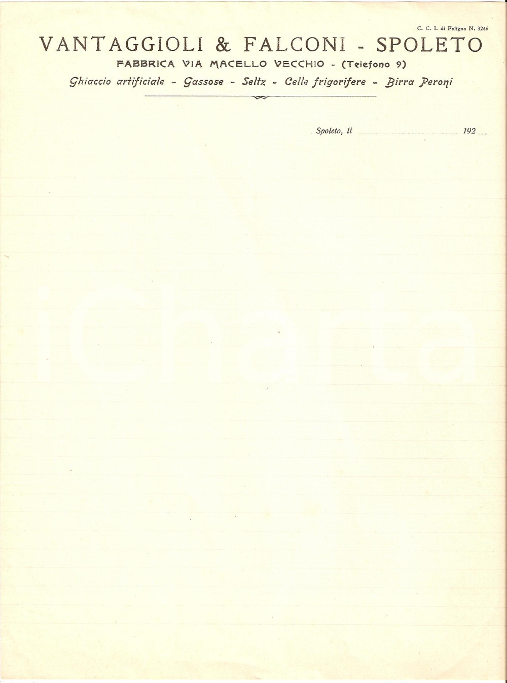 Documento originale, autentico 1920 SPOLETO Ditta VANTAGGIOLI & FALCONI Celle frigorifere Carta intestata 4 1