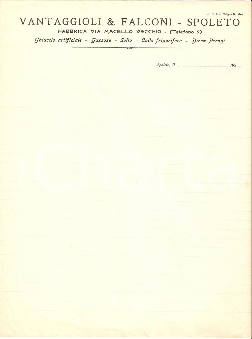 Documento originale, autentico 1920 SPOLETO Ditta VANTAGGIOLI & FALCONI Celle frigorifere Carta intestata 2 1