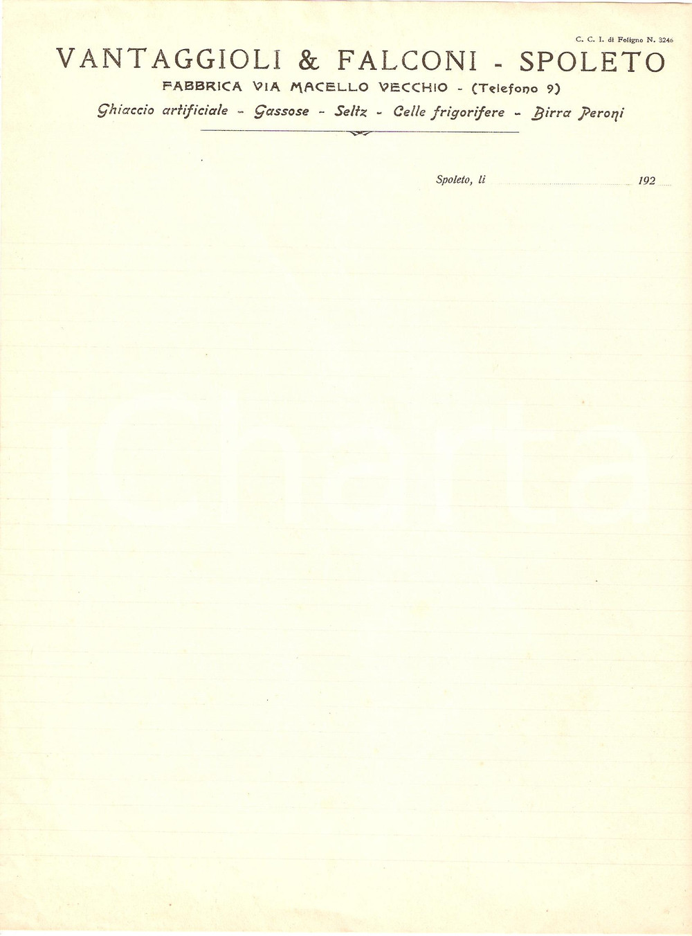 Documento originale, autentico 1920 SPOLETO Ditta VANTAGGIOLI & FALCONI Celle frigorifere Carta intestata 3 1