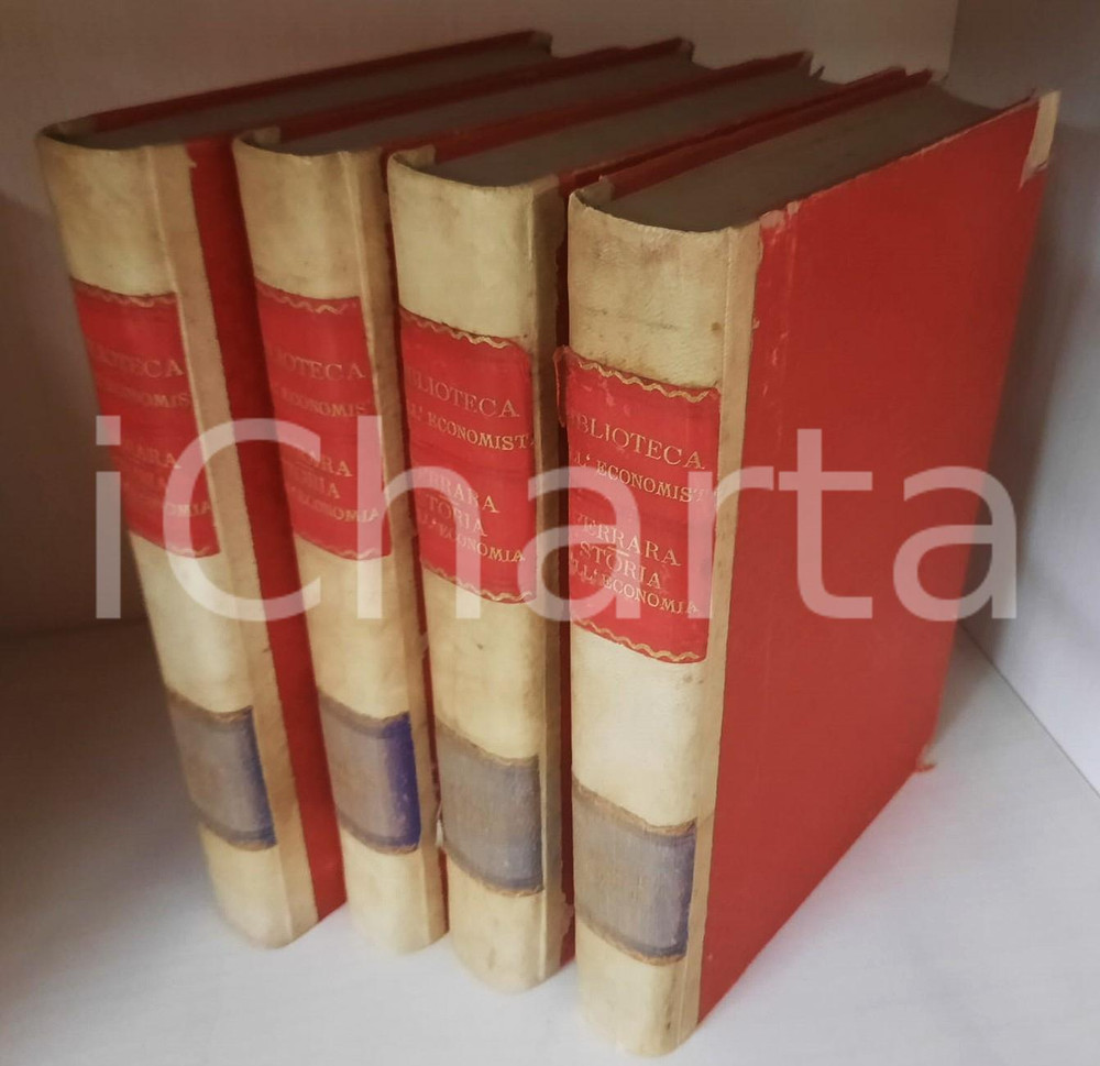 1889-1891 Francesco FERRARA Esame storico-critico di economisti *4 tomi Legatura editoriale cartonata, dorso in pelle con titoli dorati.Titolo completo: "Esame storico critico di economisti e dottrine economiche del secolo XVIII e prima metà del XIX. Raccolta delle prefazioni dettate dal Professore Francesco Ferrara".Due volumi in 4 tomi.PAGINE: 692 + 717 + 667 + 621EDITORE: Unione Tipografico-Editrice - Torino POOR/danneggiato buone condizioni generali all'interno, ma fioriture evidenti al taglio e alle prime pagine dei volumi; rosure ai piatti Formato: 16x24 cm (ciascun volume) originale e autentica 1