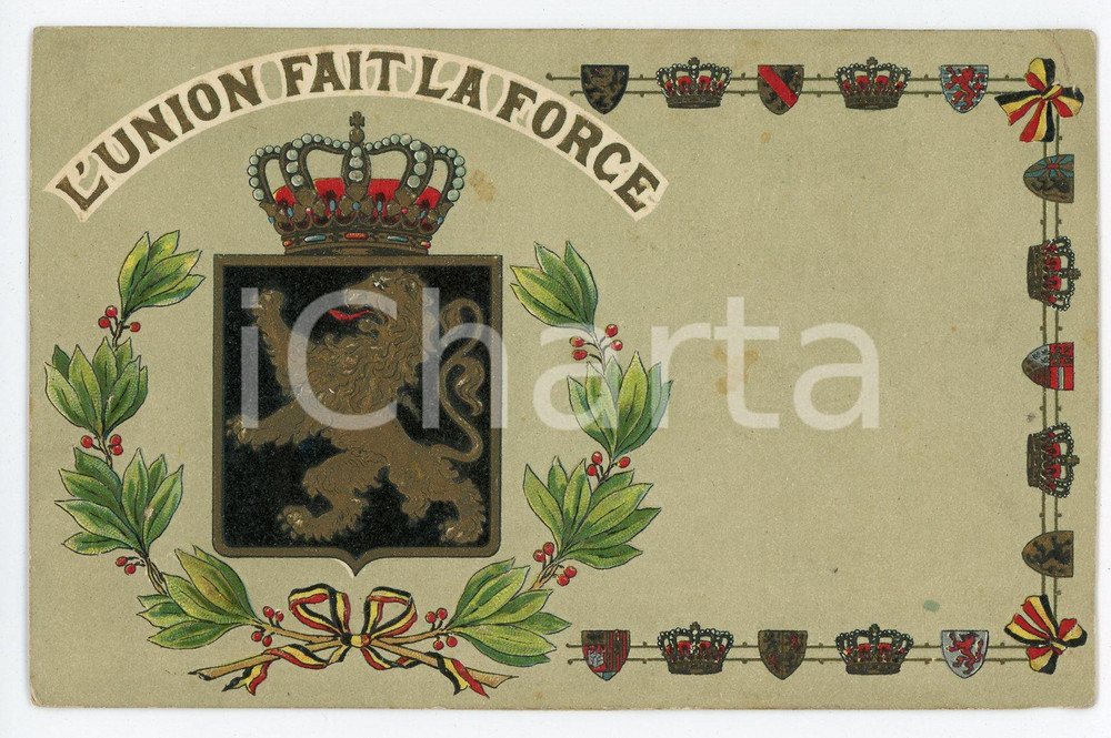 1927 BELGIUM Coat of arms - L'union fait la force - Embossed postcard FP  Cartolina postale d'epoca, non viaggiata. FAIR/discreto Lievi smussature agli angoli e piegatura all'angolo superiore destro Formato: FP originale e autentica 1