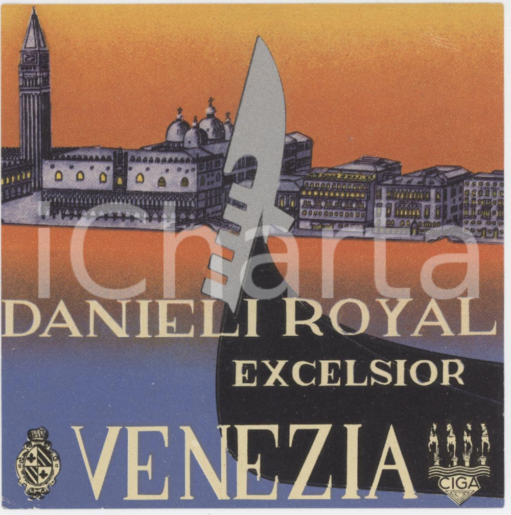 1930 ca VENEZIA - CIGA HOTEL Danieli Royal Excelsior - Etichetta 10x10 cm (2) Etichetta d'epoca.  FAIR/discreto Piegature all'angolo inferiore sinistro Formato: 10x10 cm originale e autentica 1
