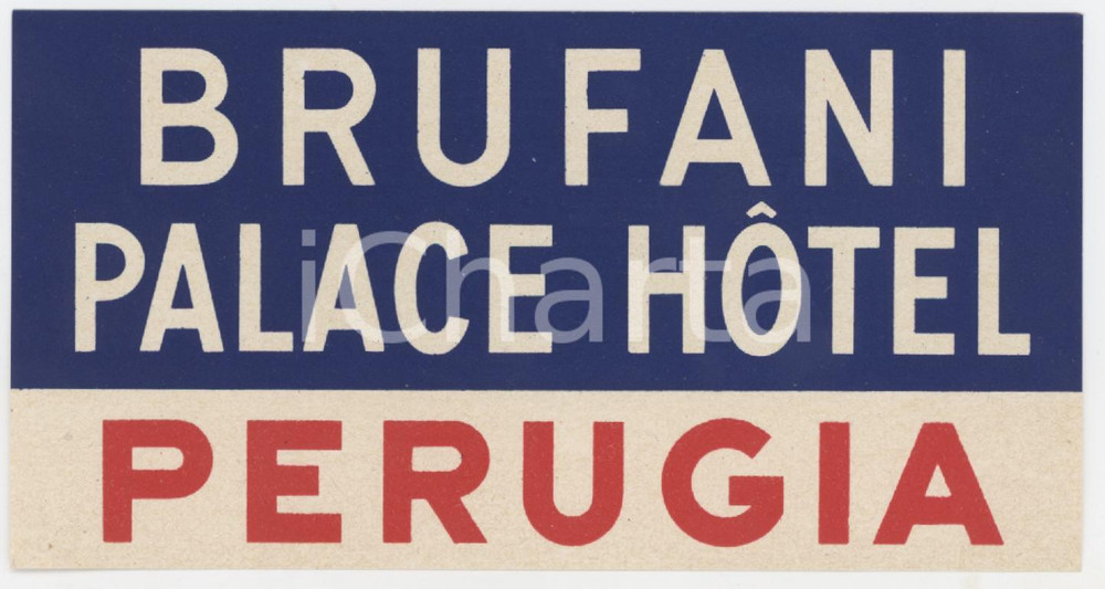 Materiale pubblicitario d’epoca 1950 ca PERUGIA Brufani Palace Hotel  Etichetta 11x6 cm 2 1