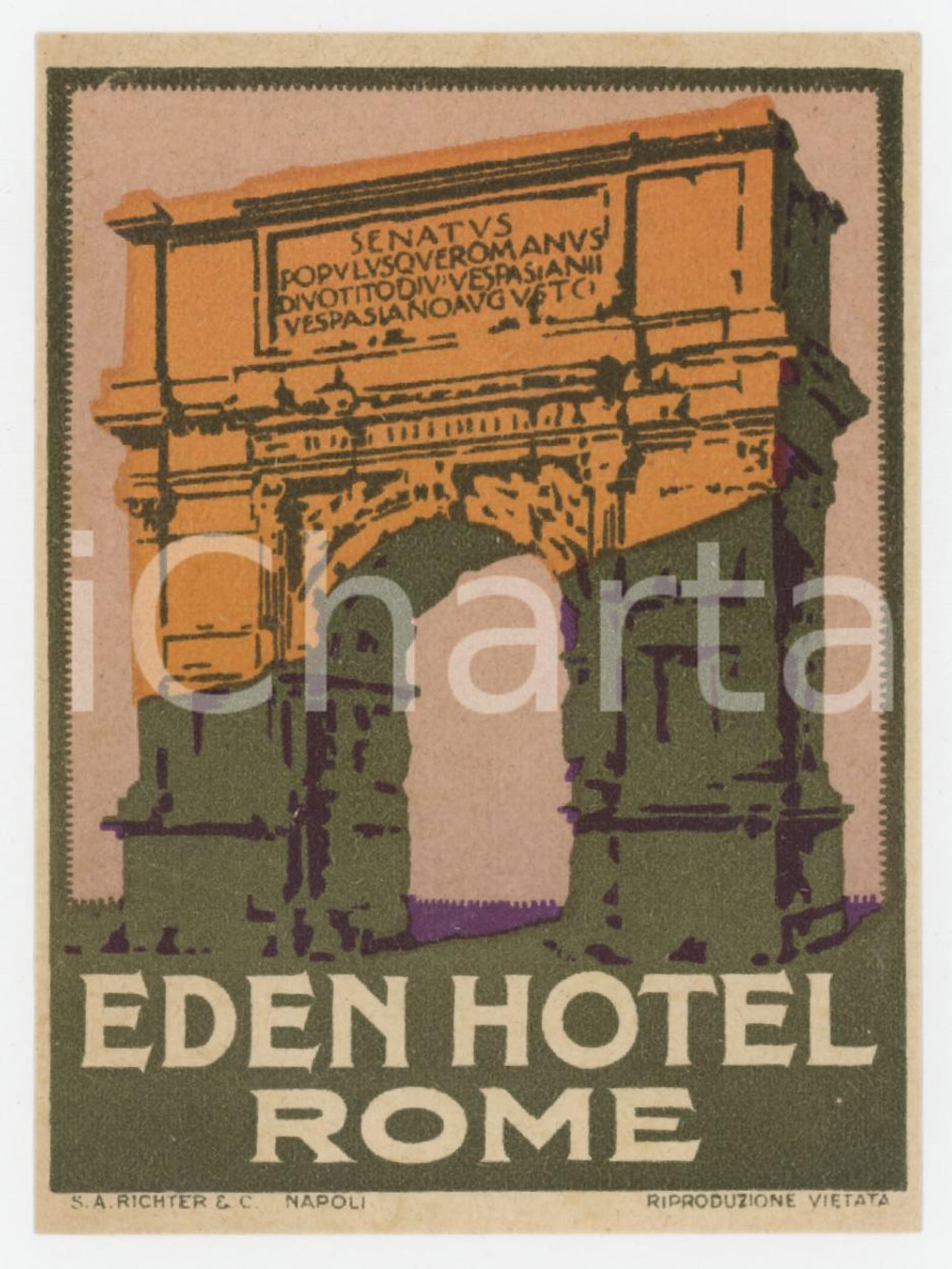 Materiale pubblicitario d’epoca 1940 ca ROMA Eden Hotel  Etichetta ILLUSTRATA 7x10 cm 2 1
