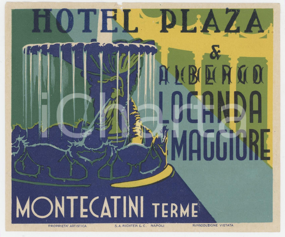 1935 ca MONTECATINI TERME Hotel Plaza e Locanda Maggiore ^Etichetta 13x11 cm Etichetta d'epoca.  GOOD/buono  Formato: 13x11 cm originale e autentica 1