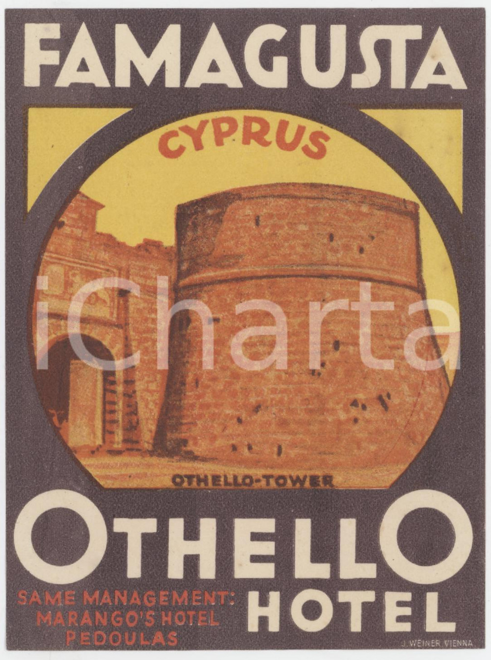 1950 ca FAMAGUSTA - CYPRUS Othello Hotel - Etichetta ILLUSTRATA 9x12 cm Etichetta d'epoca.  GOOD/buono  Formato: 9x12 cm originale e autentica 1