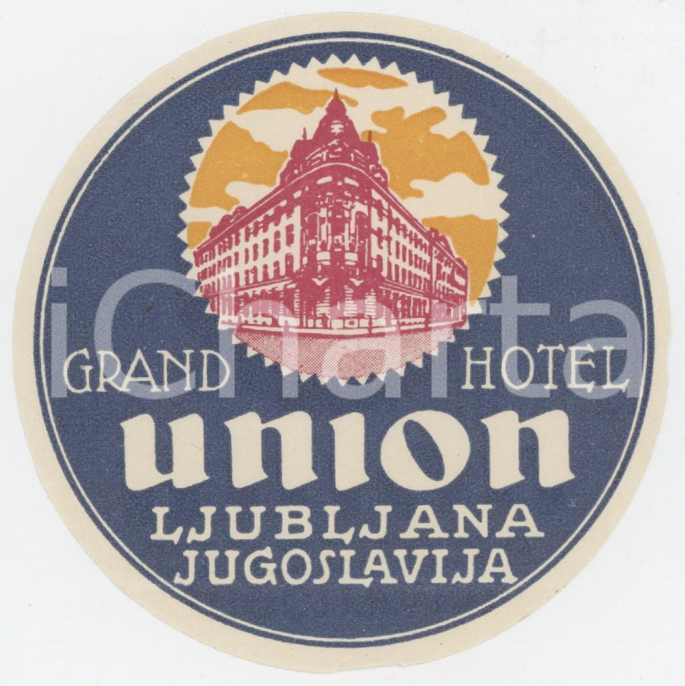 1940 ca LJUBLJANA JUGOSLAVIA Grand Hotel Union - Etichetta ILLUSTRATA 8x8 (3) Etichetta d'epoca.  FAIR/discreto Piegature ai margini Formato: 8x8 originale e autentica 1