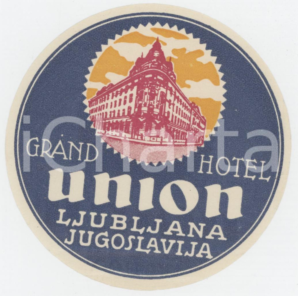 1940 ca LJUBLJANA  JUGOSLAVIA Grand Hotel Union - Etichetta ILLUSTRATA 8x8 (4) Etichetta d'epoca.  FAIR/discreto Piegature ai margini Formato: 8x8 originale e autentica 1