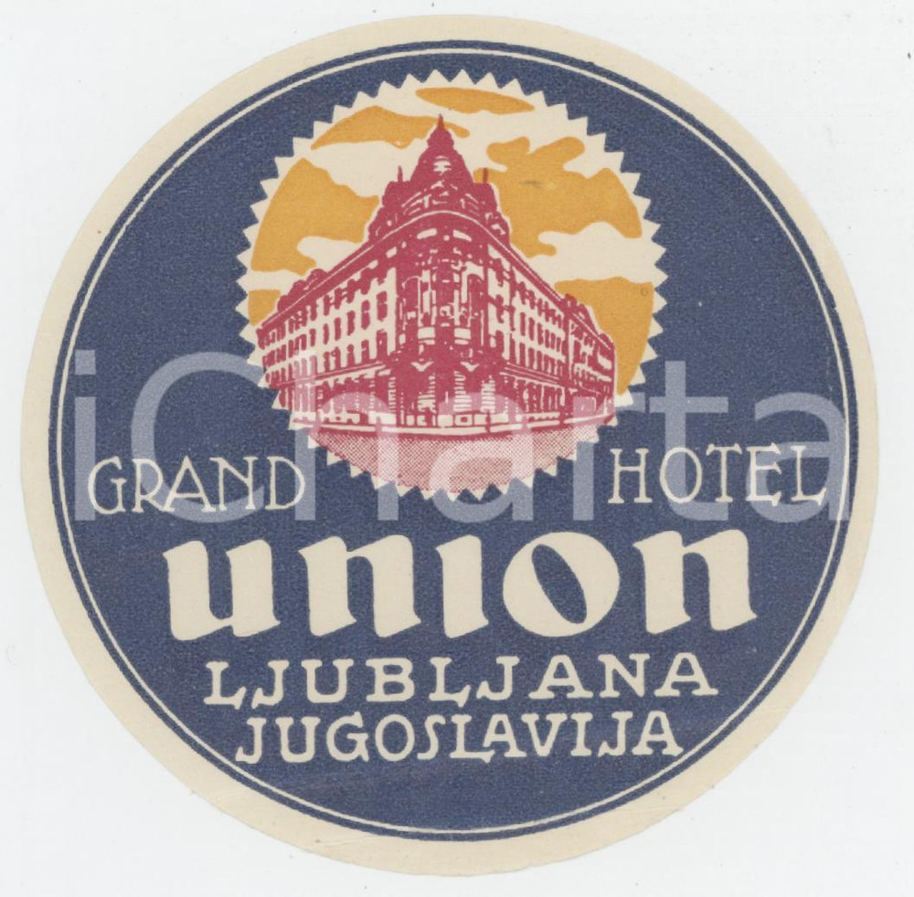 1940 ca LJUBLJANA JUGOSLAVIA Grand Hotel Union - Etichetta ILLUSTRATA 8x8 (5) Etichetta d'epoca.  FAIR/discreto Piegature ai margini Formato: 8x8 originale e autentica 1