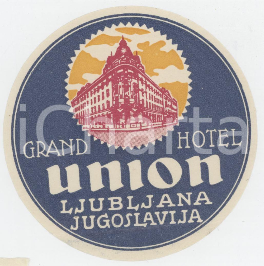 1940 ca LJUBLJANA JUGOSLAVIA Grand Hotel Union - Etichetta ILLUSTRATA 8x8 (6) Etichetta d'epoca.  FAIR/discreto Piegatura al margine inferiore Formato: 8x8 originale e autentica 1