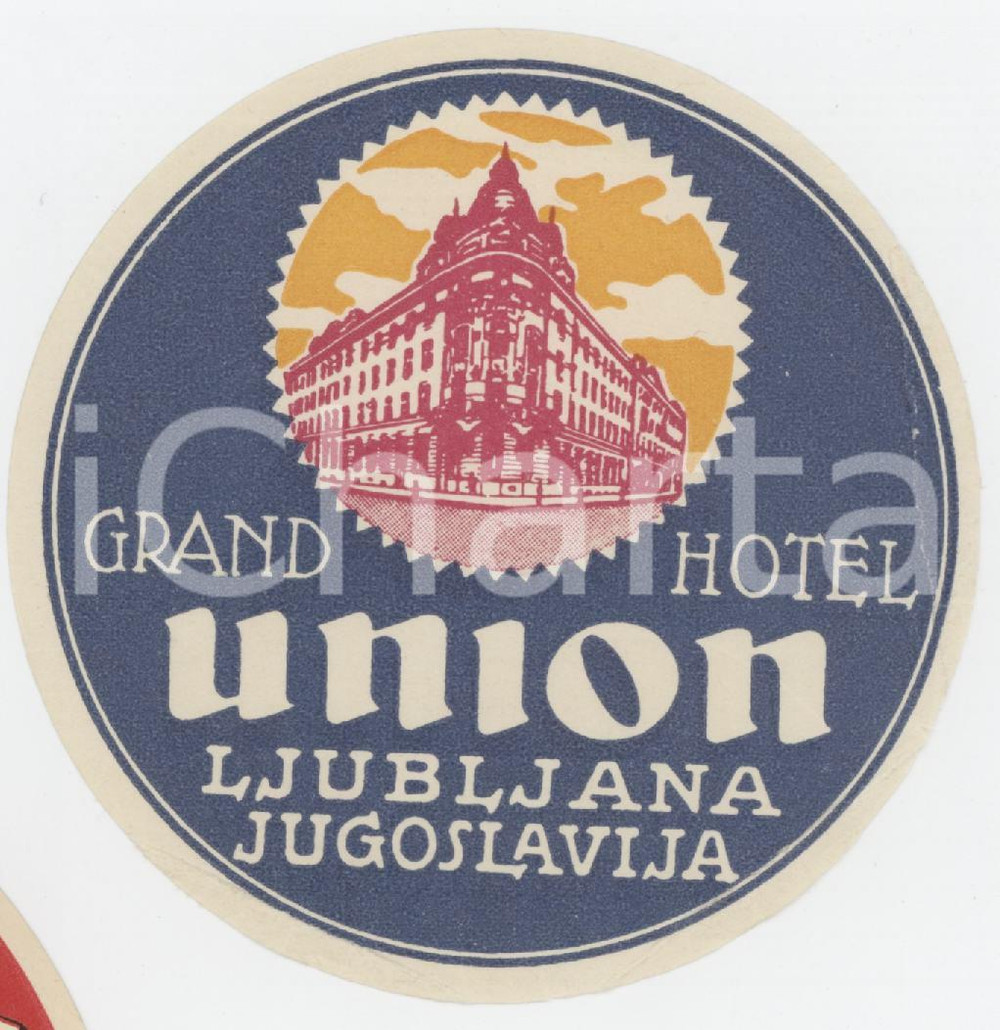 1940 ca LJUBLJANA JUGOSLAVIA Grand Hotel Union - Etichetta ILLUSTRATA 8x8 (2) Etichetta d'epoca.  FAIR/discreto Piegature ai margini Formato: 8x8 originale e autentica 1