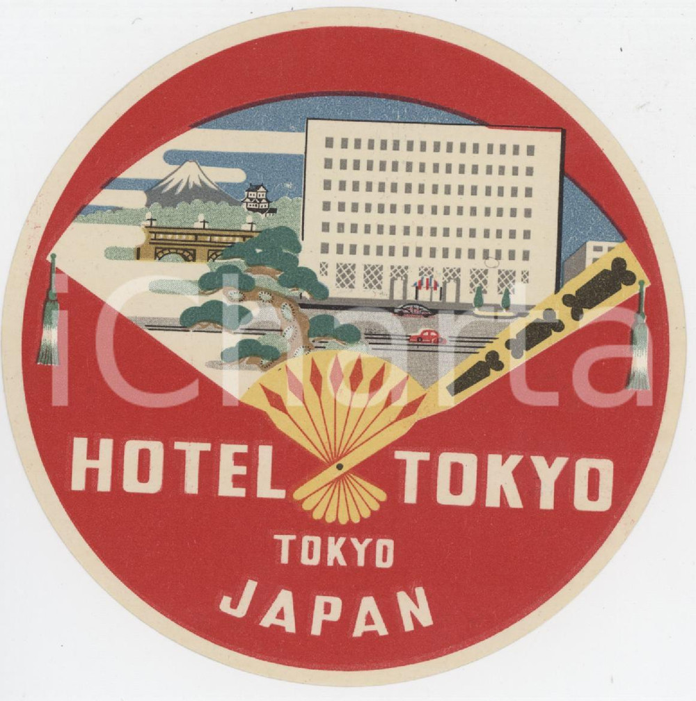Materiale pubblicitario d’epoca 1950 ca TOKYO JAPAN Hotel Tokyo  Etichetta ILLUSTRATA 9x9 cm 1