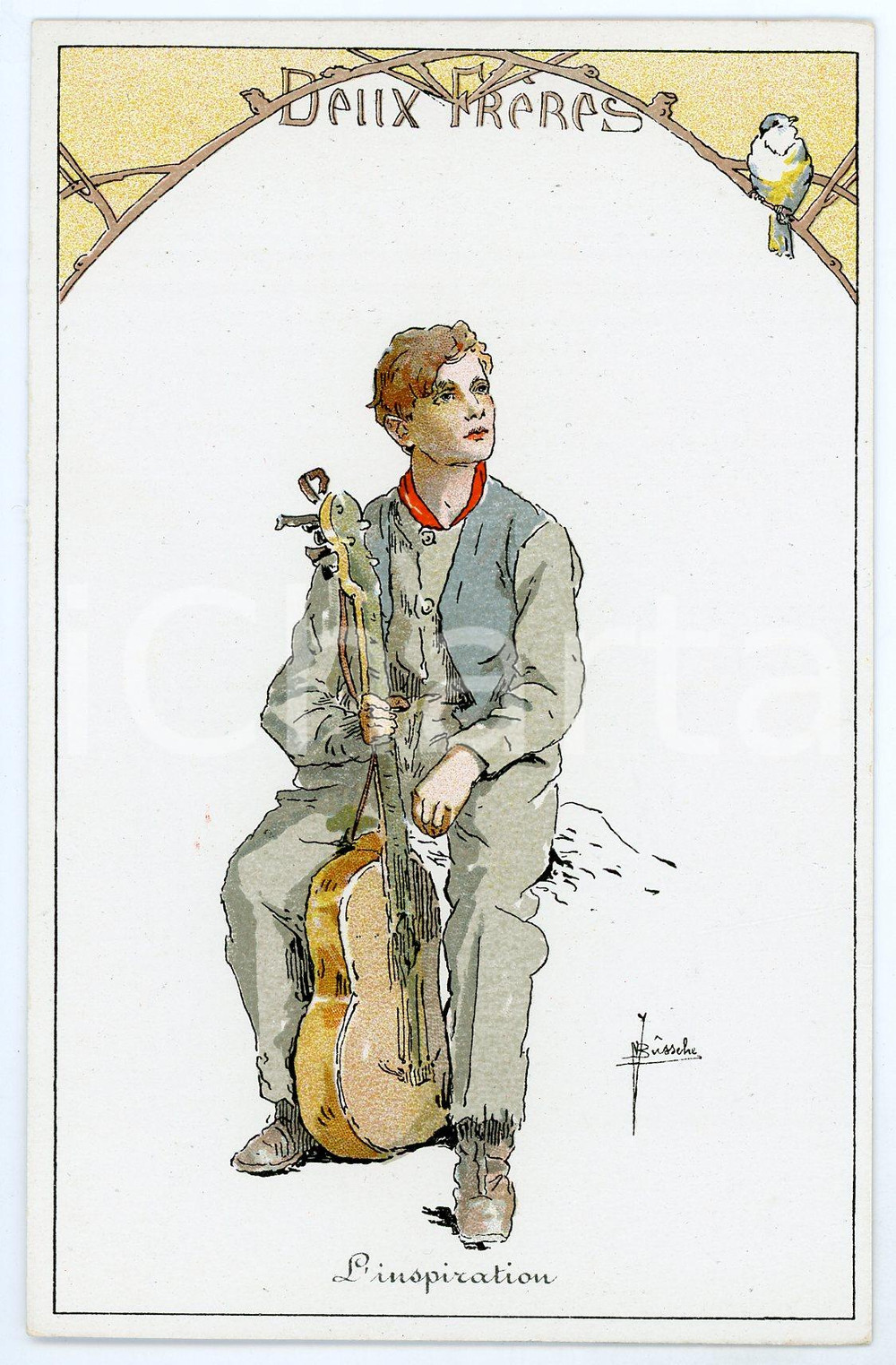 Cartolina originale da collezione 1910 ca  BELGIQUE  J. BUSSCHE Deux Frères  L inspiration  Carte postale 1