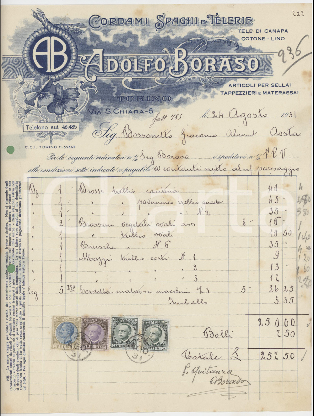1931 TORINO Via S. Chiara 8 - Adolfo BORASO Cordami Spaghi e Telerie ^Fattura 1 Fattura d'epoca manoscritta, illustrata.  FAIR/discreto piegature d'epoca; fori da classificatore; lievi fioriture Formato: 22x28 cm originale e autentica 1