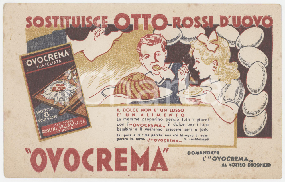 1940 ca VENEZIA Ditta PAOLINI-VILLANI - OVOCREMA *Carta assorbente (3)   Pubblicit&agrave; originale d'epoca, su carta assorbente. FAIR/discreto lievi macchie Formato: 23x15 cm originale e autentica 1