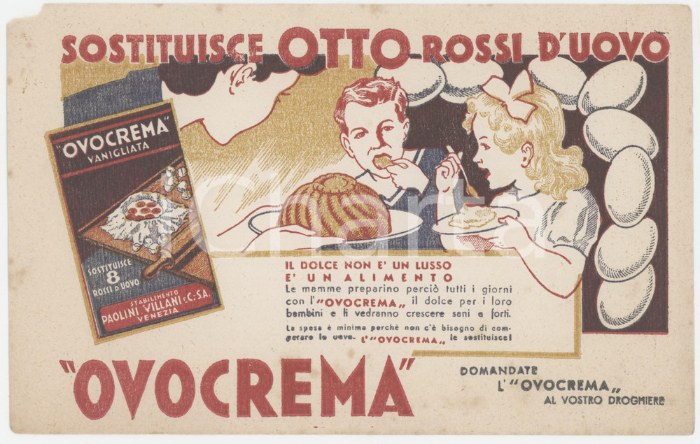 1940 ca VENEZIA Ditta PAOLINI-VILLANI - OVOCREMA *Carta assorbente (6)   Pubblicit&agrave; originale d'epoca, su carta assorbente. POOR/danneggiato mancanza angolare e minime macchie Formato: 23x15 cm originale e autentica 1