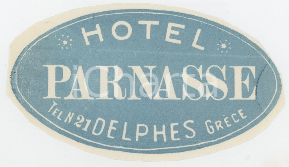 1960 ca DELPHES - GRECE Hotel Parnasse - Etichetta 10x6 cm (1) Etichetta d'epoca.  FAIR/discreto Margini rifilati a mano, lievi residui di inchiostro Formato: 10x6 cm originale e autentica 1