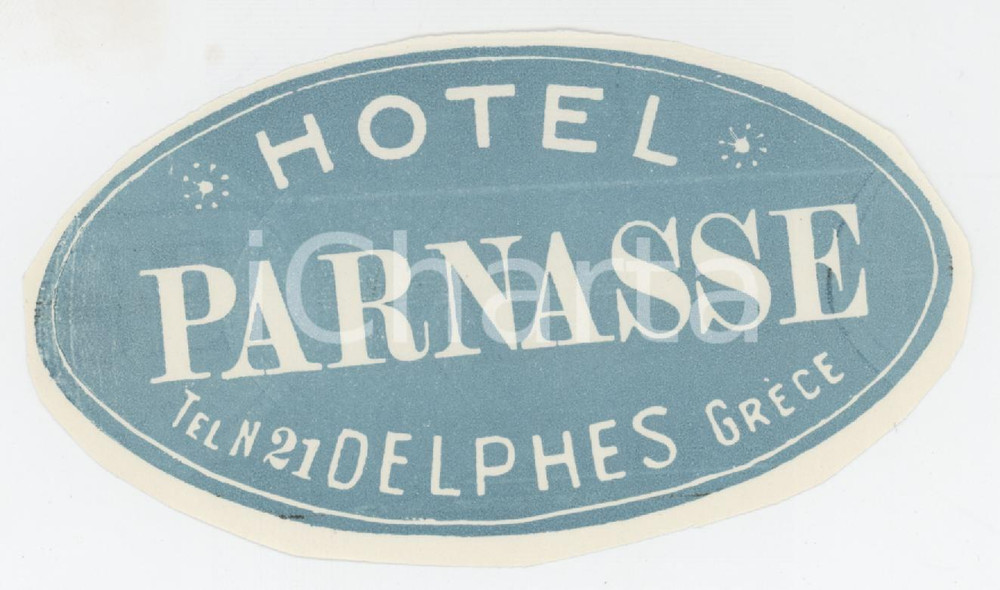 Materiale pubblicitario d’epoca 1960 ca DELPHES  GRECE Hotel Parnasse  Etichetta 10x6 cm 2 1