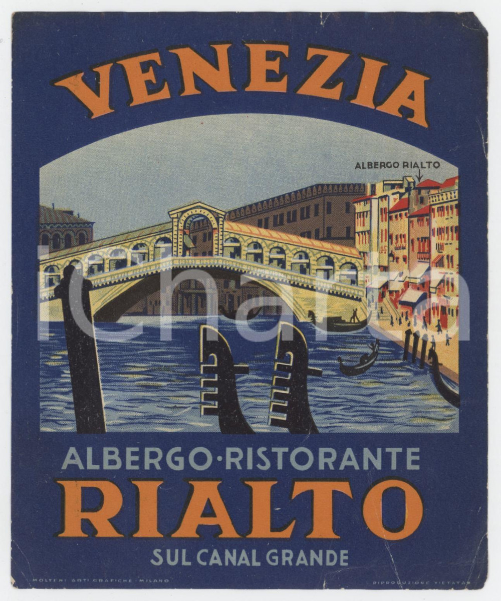 1930 ca VENEZIA Albergo Ristorante RIALTO Canal Grande *Etichetta 10x12 (3) Etichetta d'epoca.  POOR/danneggiato Angolo superiore destro mancante, piegature Formato: 10x12 originale e autentica 1