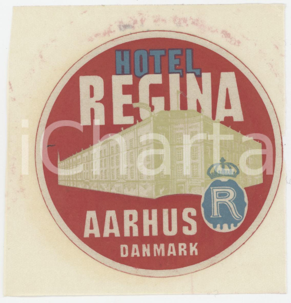 1940 ca AARHUS DENMARK Hotel Regina - Etichetta ILLUSTRATA 8x8 (2) Etichetta d'epoca.  GOOD/buono  Formato: 8x8 originale e autentica 1