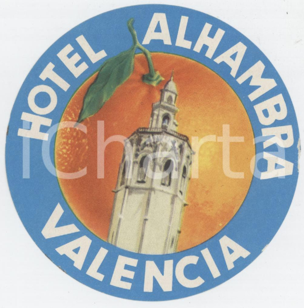 1970 ca VALENCIA Hotel Alhambra - Etichetta ILLUSTRATA 8x8 cm (2) Etichetta d'epoca.  FAIR/discreto lieve abrasione al margine destro Formato: 8x8 originale e autentica 1