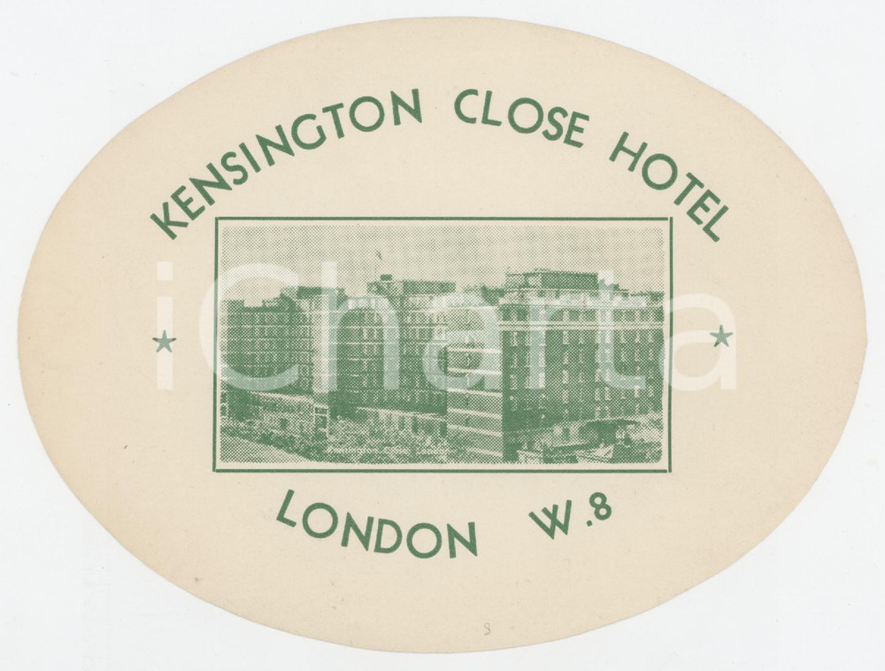 1950 ca LONDON Kensington Close Hotel - Etichetta ILLUSTRATA 15x11 cm (5) Etichetta d'epoca.  FAIR/discreto lievi ingialliture Formato: 15x11 originale e autentica 1