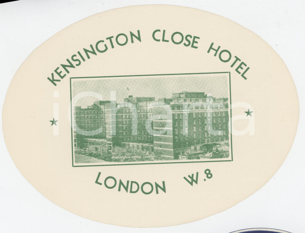 1950 ca LONDON Kensington Close Hotel - Etichetta ILLUSTRATA 15x11 cm (2) Etichetta d'epoca.  FAIR/discreto lievi ingialliture Formato: 15x11 originale e autentica 1