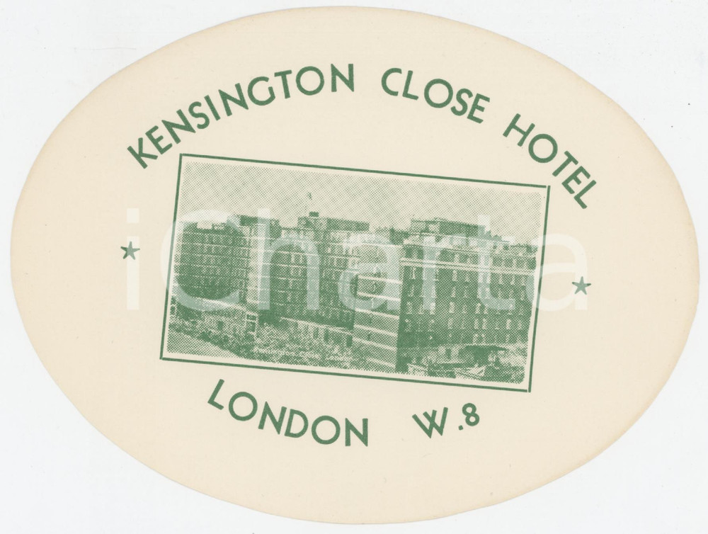 1950 ca LONDON Kensington Close Hotel - Etichetta ILLUSTRATA 15x11 cm (3) Etichetta d'epoca.  FAIR/discreto lievi ingialliture Formato: 15x11 originale e autentica 1