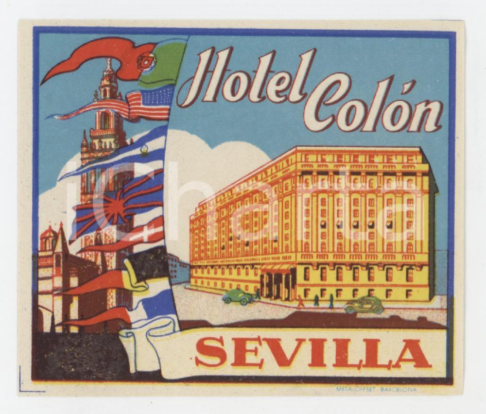 1960 ca SEVILLA Hotel COLON Etichetta illustrata 11x10 cm (3) Etichetta d'epoca. GOOD/buono  Formato: 11x10 originale e autentica 1