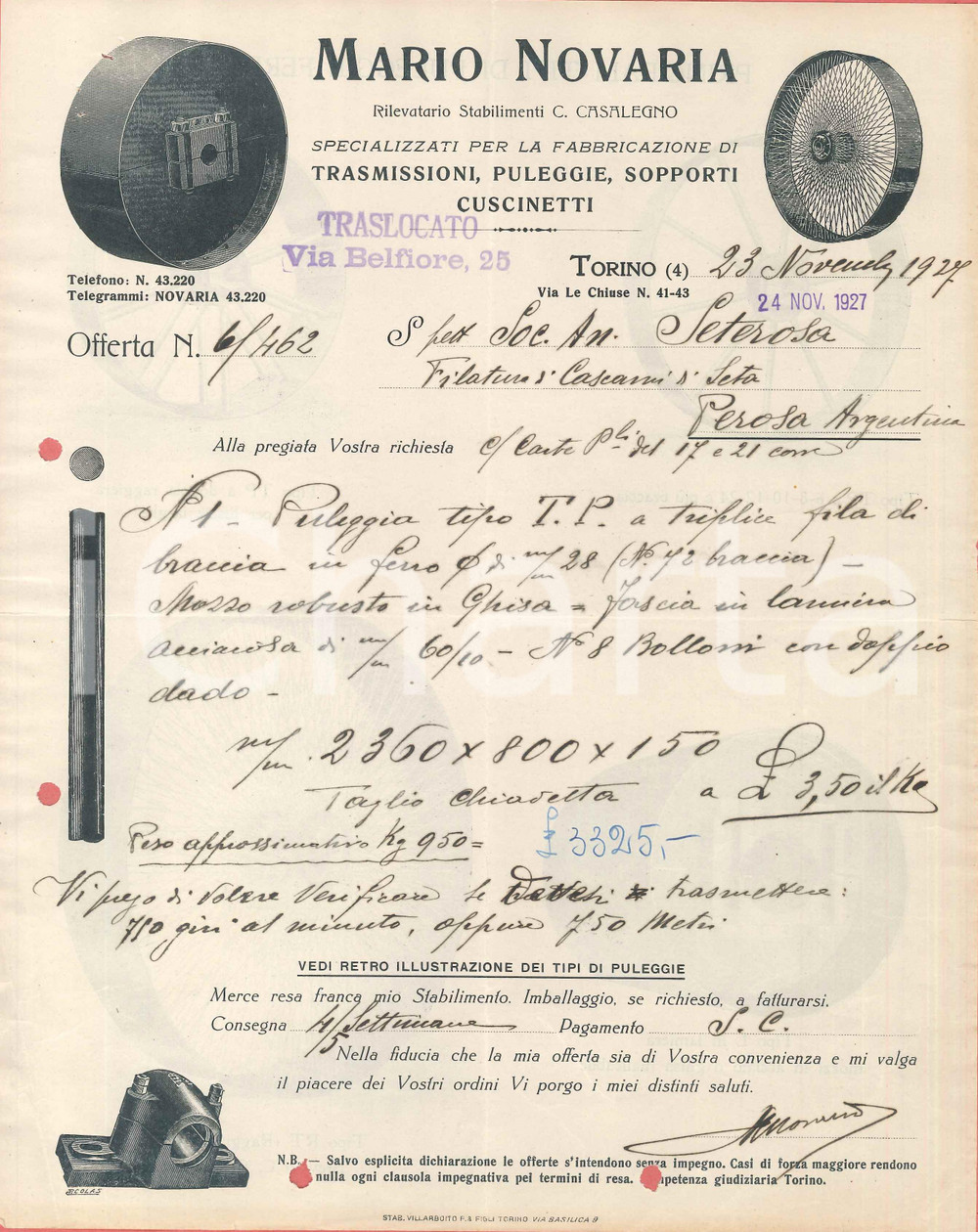 1927 TORINO via Le Chiuse 41-43 - Mario NOVARIA Trasmissioni - Preventivo 3 Preventivo manoscritto originale, su carta intestata.PAGINE: 1 (2 facciate) FAIR/discreto piegatura centrale d'epoca; fori da classificatore  originale e autentica 1