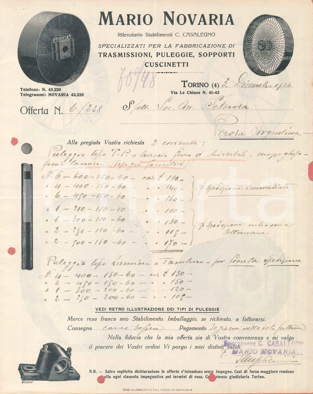 Documento originale, autentico 1927 TORINO via Le Chiuse 4143  Mario NOVARIA Trasmissioni  Preventivo 2 1