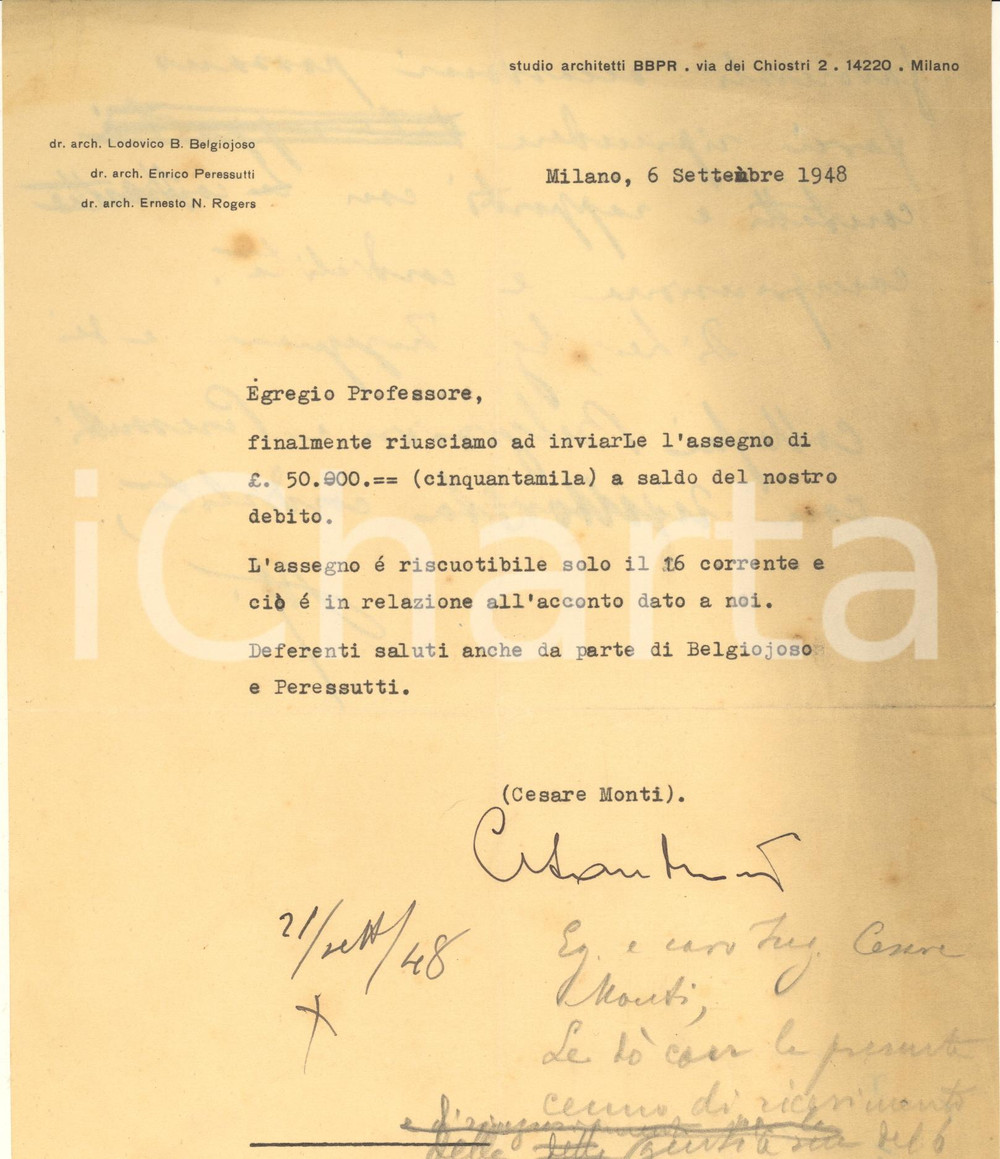 Autografo originale 1948 MILANO Studio Architetti BBPR  Lettera Cesare MONTI AUTOGRAFO 1