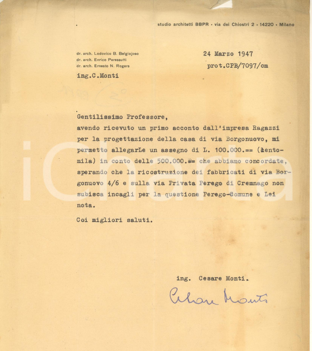 Autografo originale 1947 MILANO Studio Architetti BBPR  Lettera ing. Cesare MONTI AUTOGRAFO 1