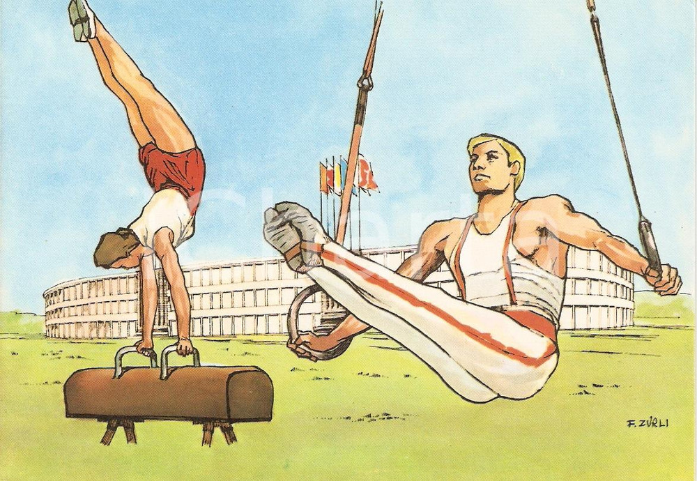 Cartolina originale da collezione 1960 ROMA XVII OLIMPIADE Ginnasti STADIO OLIMPICO Illustrata ZURLI Cartolina 4 1