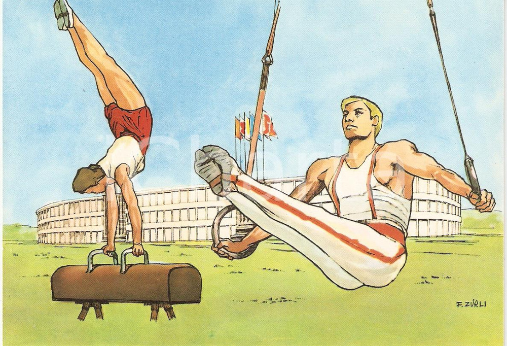 Cartolina originale da collezione 1960 ROMA XVII OLIMPIADE Ginnasti STADIO OLIMPICO Illustrata ZURLI Cartolina 1 1