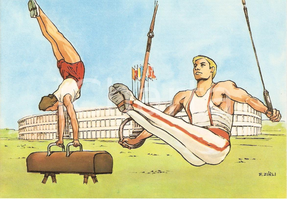 Cartolina originale da collezione 1960 ROMA XVII OLIMPIADE Ginnasti STADIO OLIMPICO Illustrata ZURLI Cartolina 3 1