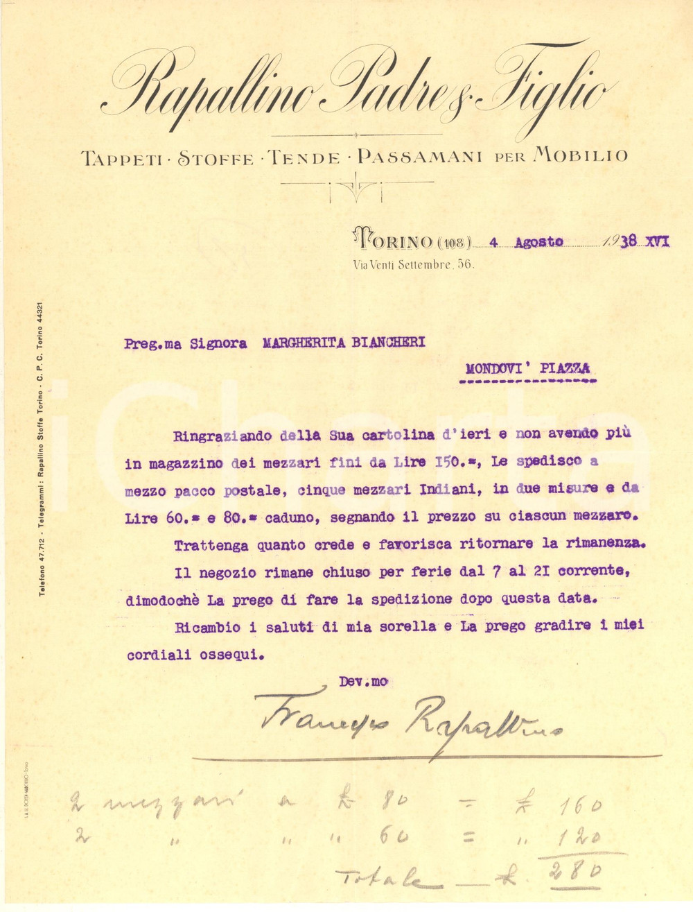Documento originale, autentico 1938 TORINO via XX Settembre 56  RAPALLINO tappeti e stoffe Lettera 1